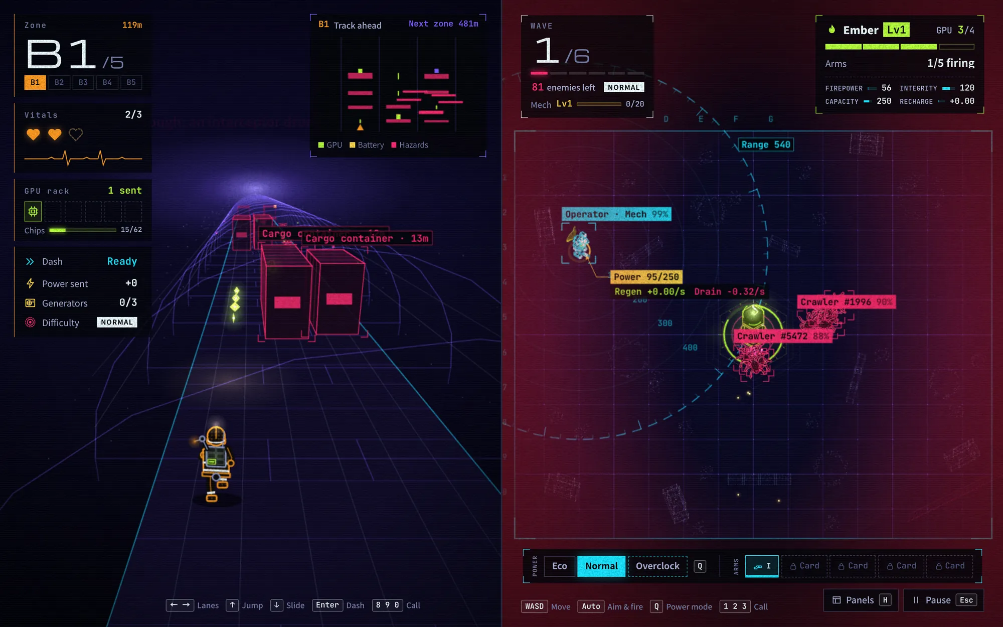 Split-screen gameplay: on the left the Engineer runs a neon track past cargo containers; on the right the Operator's mech guards the server from a pack of red crawlers