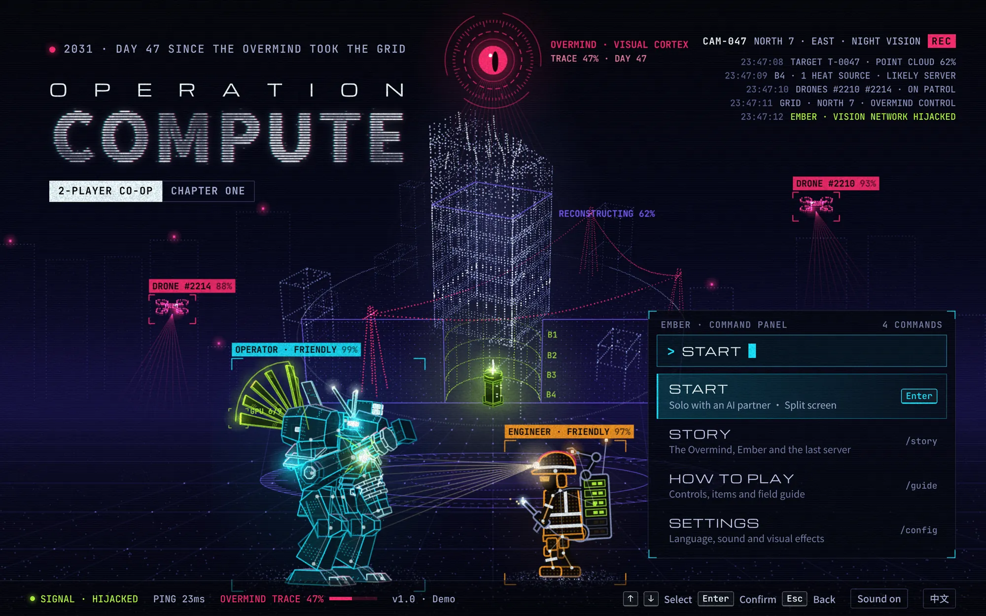 Operation Compute title screen: a point-cloud city at night, a cyan mech and an orange engineer under the Overmind's eye