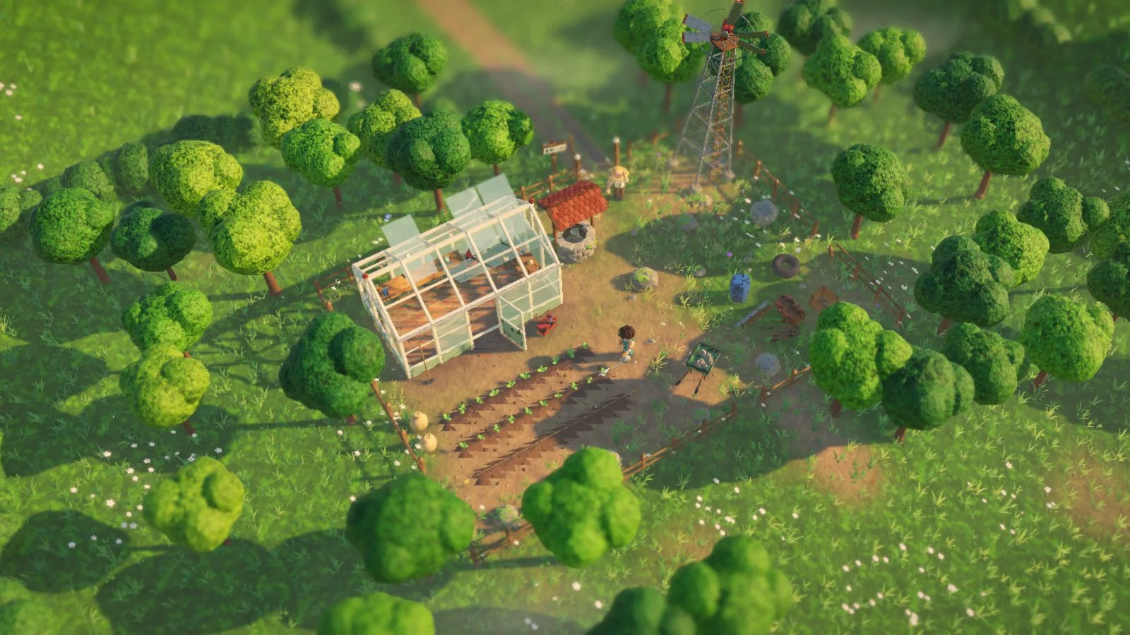 openword: a rented plot of wasteland with a half-broken greenhouse, a well and an old windpump, ringed by round trees