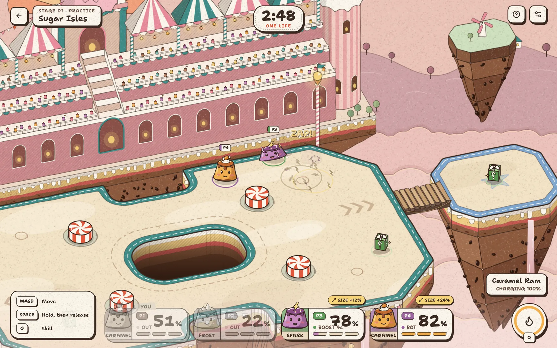 Sugar Isles mid-match: a purple pudding zaps past a caramel pudding near a striped grandstand and a floating islet