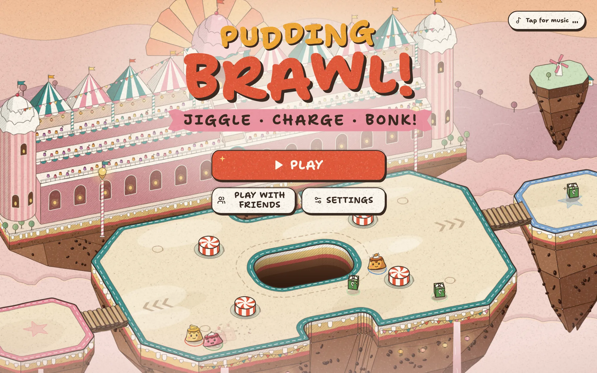 Pudding Brawl title screen: a candy-striped stadium on floating sugar islands